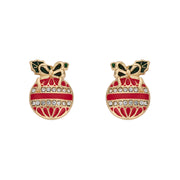 Gold Plated Christmas Bauble stud earrings with red detailing, crystal-effect stone rows and bow with leaf detail, on product card background