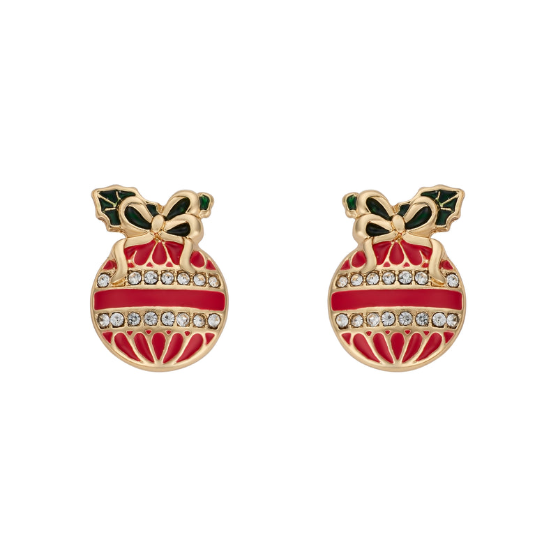 Gold Plated Christmas Bauble stud earrings with red detailing, crystal-effect stone rows and bow with leaf detail, on product card background