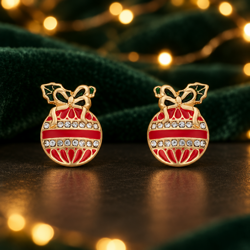 Gold Plated Christmas Bauble stud earrings styled against a dark green velvet background with warm golden bokeh fairy lights⠋