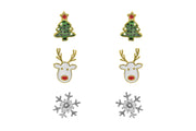 Trio of stud earrings with a gold plated Christmas tree, gold plated reindeer, and silver plated snowflake with crystal-effect centre