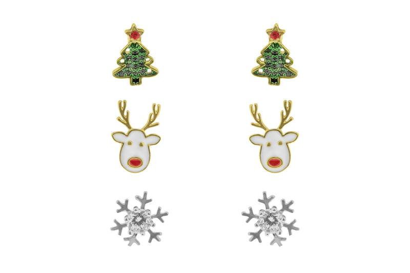 Trio of stud earrings with a gold plated Christmas tree, gold plated reindeer, and silver plated snowflake with crystal-effect centre