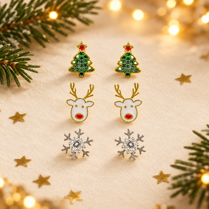 Trio of gold and silver plated tree, reindeer and snowflake stud earrings laid face-up on a soft cream surface, surrounded by gold star confetti and evergreen sprigs with warm golden bokeh fairy lights in the background