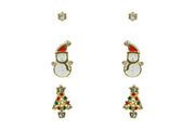 Trio of gold plated stud earrings featuring a crystal-effect stud, snowman, and Christmas tree design