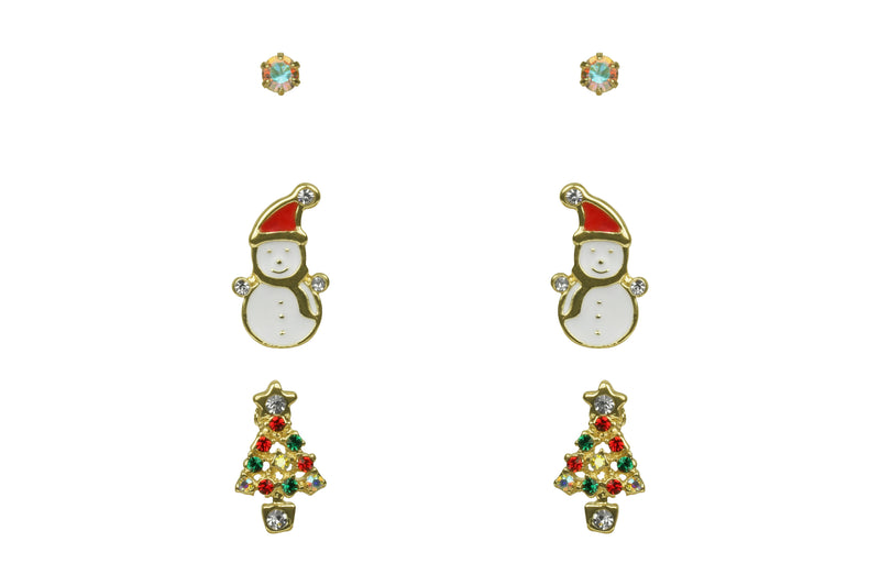 Trio of gold plated stud earrings featuring a crystal-effect stud, snowman, and Christmas tree design