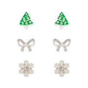 Trio of silver plated stud earrings featuring a Christmas tree, crystal-effect bow, and snowflake design