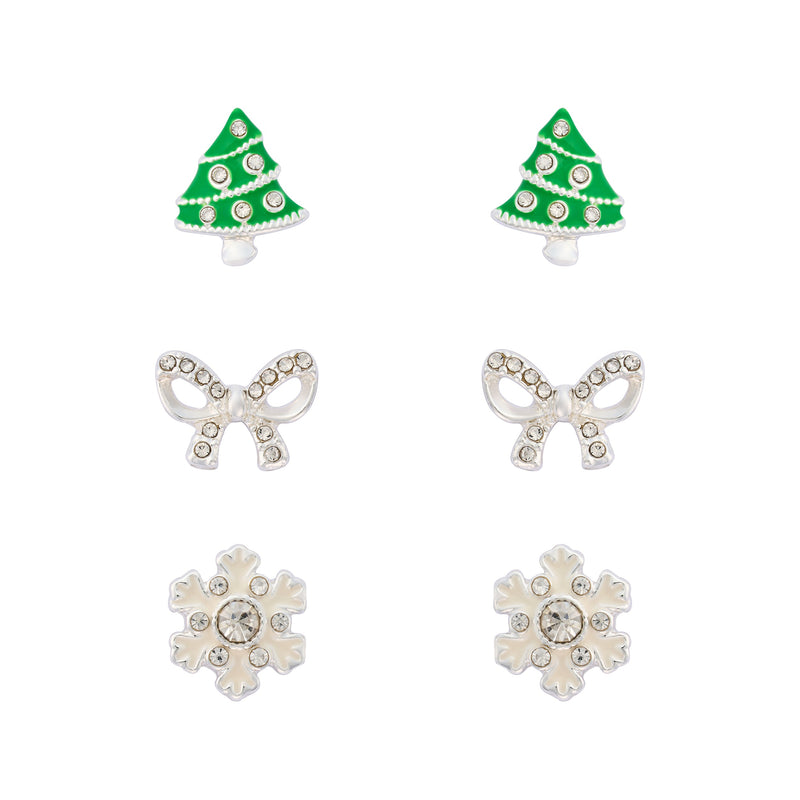 Trio of silver plated stud earrings featuring a Christmas tree, crystal-effect bow, and snowflake design