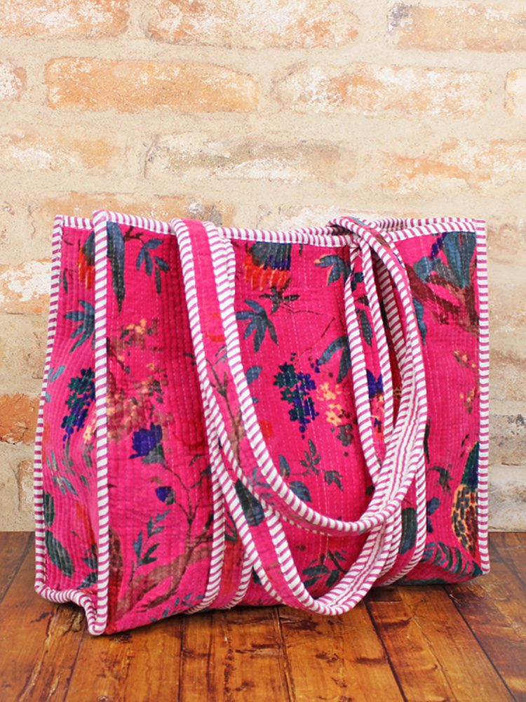 Quilted Velvet Tote Bag – Tropical Floral Pink