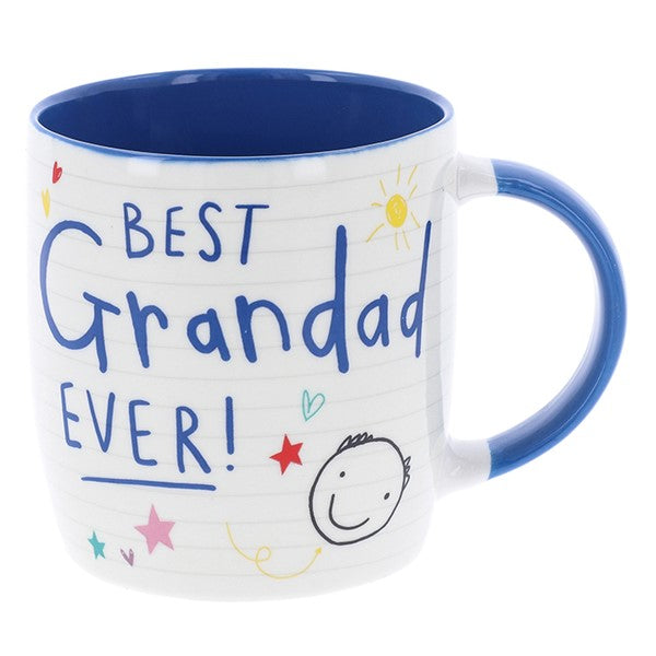 White mug with navy blue interior and handle, printed with Best Grandad Ever in bold lettering with colourful doodles, on white background