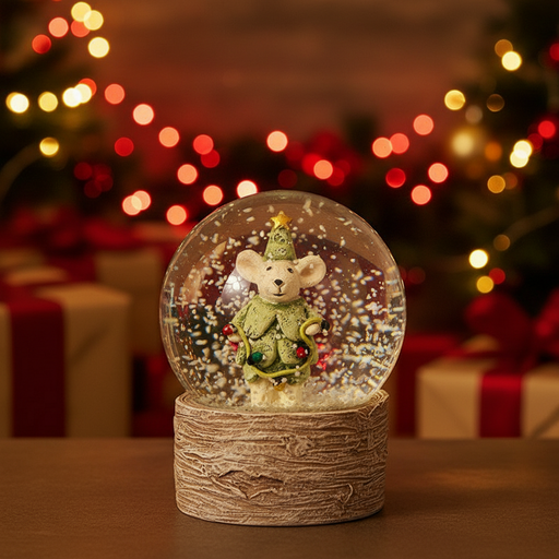 A snow globe featuring a mouse dressed as a Christmas tree with a gold star on top and colourful baubles, inside a clear glass globe on a textured decorative base, displayed against a warm cosy Christmas background with soft bokeh lights