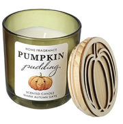 Pumpkin Pudding Scented Candle in sage green glass jar with lid removed and placed alongside, showing the white wax inside and Pumpkin Pudding label