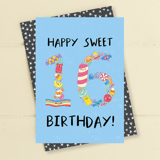 Bright blue 16th birthday card with cute illustrated sweets forming the number 16