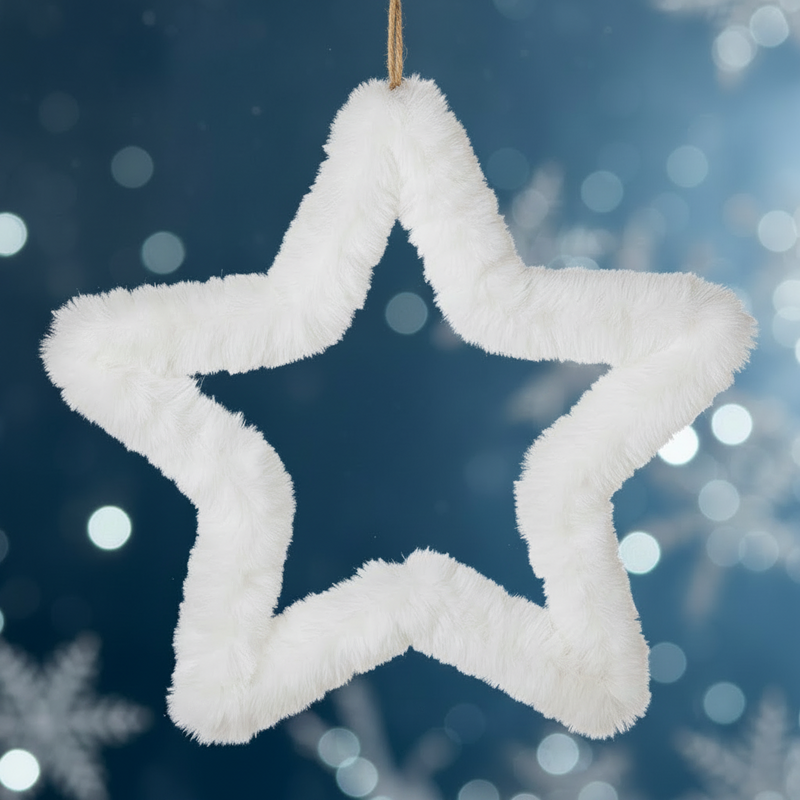 A large fluffy white open star hanging decoration with a natural jute hanger, displayed against a cool blue and silver Christmas background with frosted snowflakes and soft bokeh lights