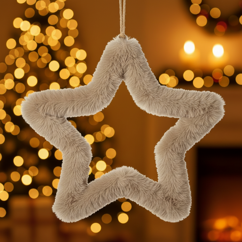 A large fluffy soft brown open star hanging decoration with a thin jute hanger, displayed against a warm golden amber Christmas background with soft candlelight bokeh lights