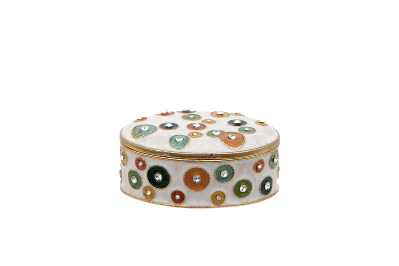 Millefiori Trinket Box white metal oval trinket box covered with raised circle and freeform details in muted tones each with a crystal-effect centre stone with gold-tone rim on white background