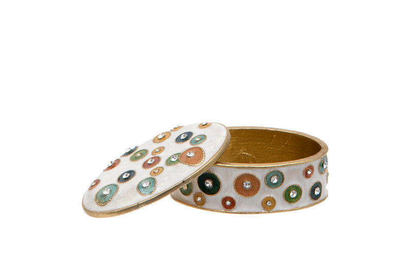Millefiori Trinket Box open showing gold-tone interior with lid resting alongside covered in raised circle and freeform details with crystal-effect stones on white background