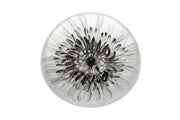 Dahlia glass paperweight viewed from above showing a monochrome botanical dahlia print beneath a clear domed glass surface, white background