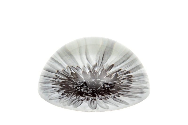 Dahlia glass paperweight viewed from the side showing the domed profile and monochrome floral print, white background