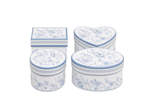 Floral Gift Boxes Set of 4 decorative card boxes in round oval square and heart shapes with blue floral and lace-effect print on white background