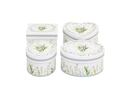 Snowdrop Gift Boxes Set of 4 decorative card boxes in round oval square and heart shapes with botanical snowdrop print on white background