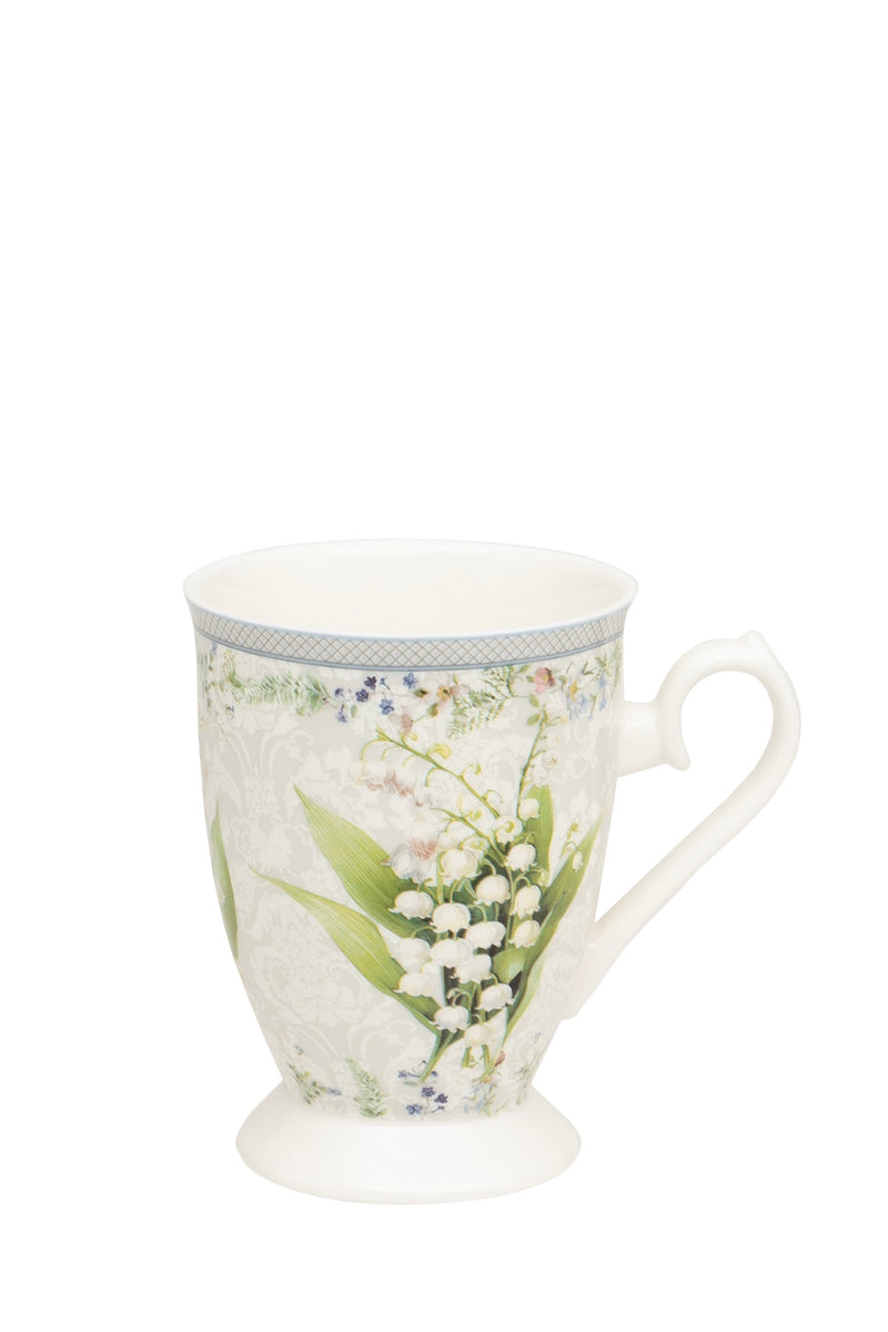 Snowdrop Mug in Gift Box footed mug with snowdrop print and grey lattice border detail on white background