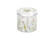 Snowdrop Mug in Gift Box matching cylindrical gift box with wildflower meadow print and white ribbon bow on white background