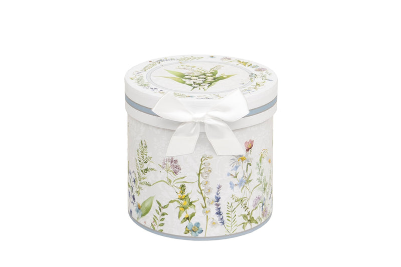 Snowdrop Mug in Gift Box matching cylindrical gift box with wildflower meadow print and white ribbon bow on white background