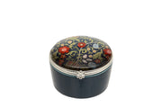 Botanical Ceramic Trinket Box deep teal ceramic box with domed lid featuring botanical scrolling foliage print in jewel tones and silver-tone filigree border on white background