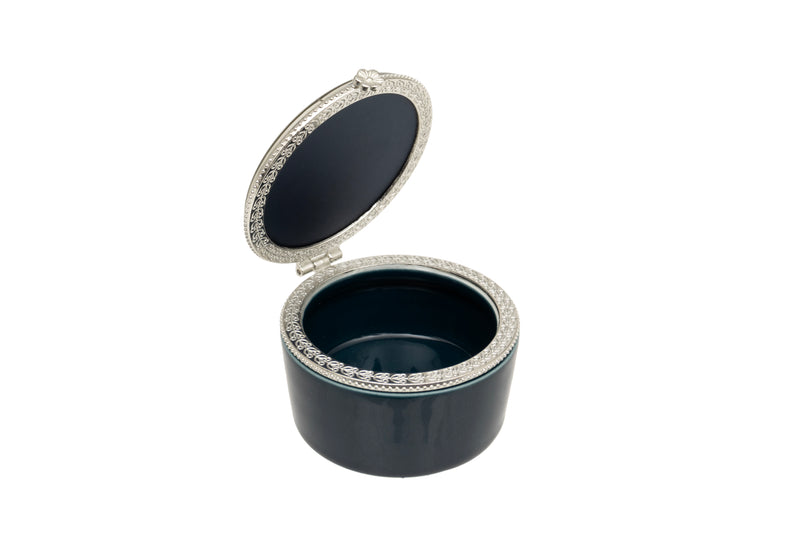 Botanical Ceramic Trinket Box open showing deep teal ceramic body with silver-tone filigree border and hinged domed lid on white background