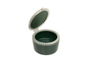 Verde Botanical Trinket Box open showing deep green ceramic interior with silver-tone beaded rim and hinged lid on white background