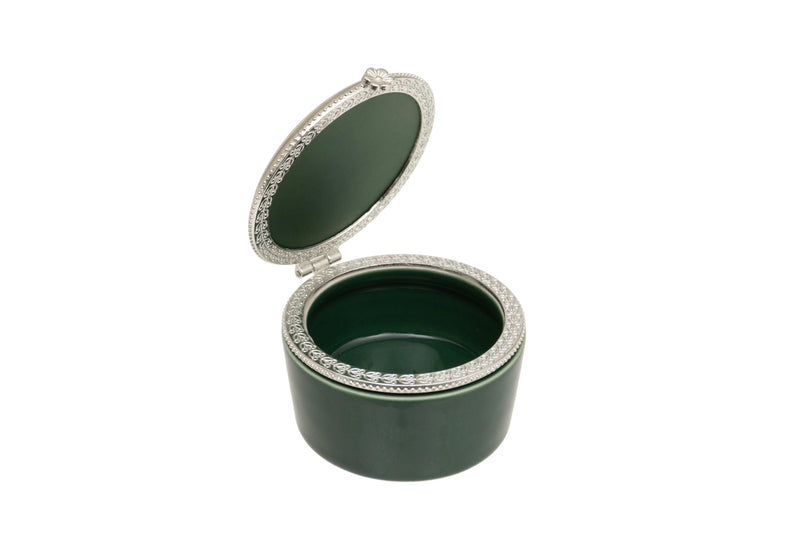 Verde Botanical Trinket Box open showing deep green ceramic interior with silver-tone beaded rim and hinged lid on white background
