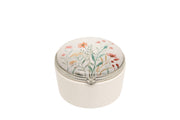 Fiore Wildflower Trinket Box cream ceramic round hinged trinket box with wildflower meadow print lid featuring open blooms and foliage with silver-tone beaded rim and flower-detail clasp on white background