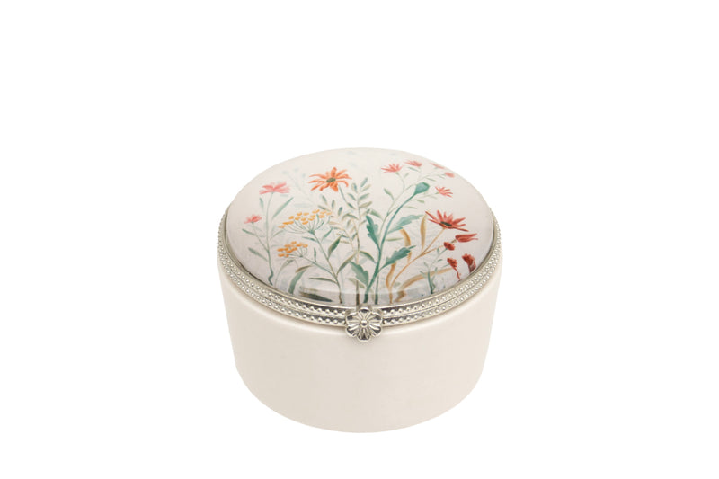 Fiore Wildflower Trinket Box cream ceramic round hinged trinket box with wildflower meadow print lid featuring open blooms and foliage with silver-tone beaded rim and flower-detail clasp on white background