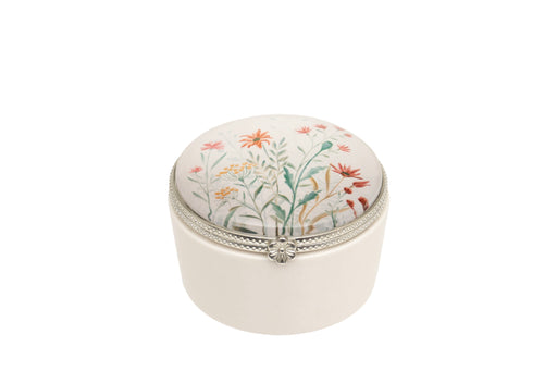 Fiore Wildflower Trinket Box cream ceramic round hinged trinket box with wildflower meadow print lid featuring open blooms and foliage with silver-tone beaded rim and flower-detail clasp on white background