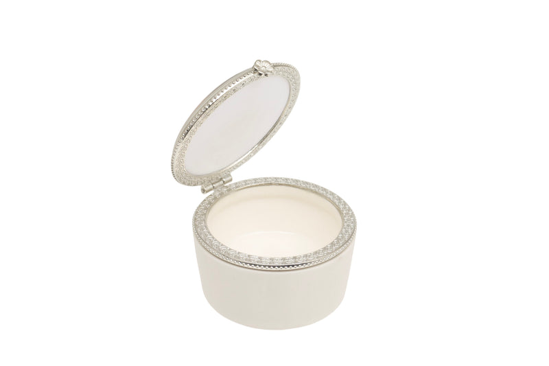 Fiore Wildflower Trinket Box open showing cream ceramic interior with silver-tone beaded rim and hinged lid on white background