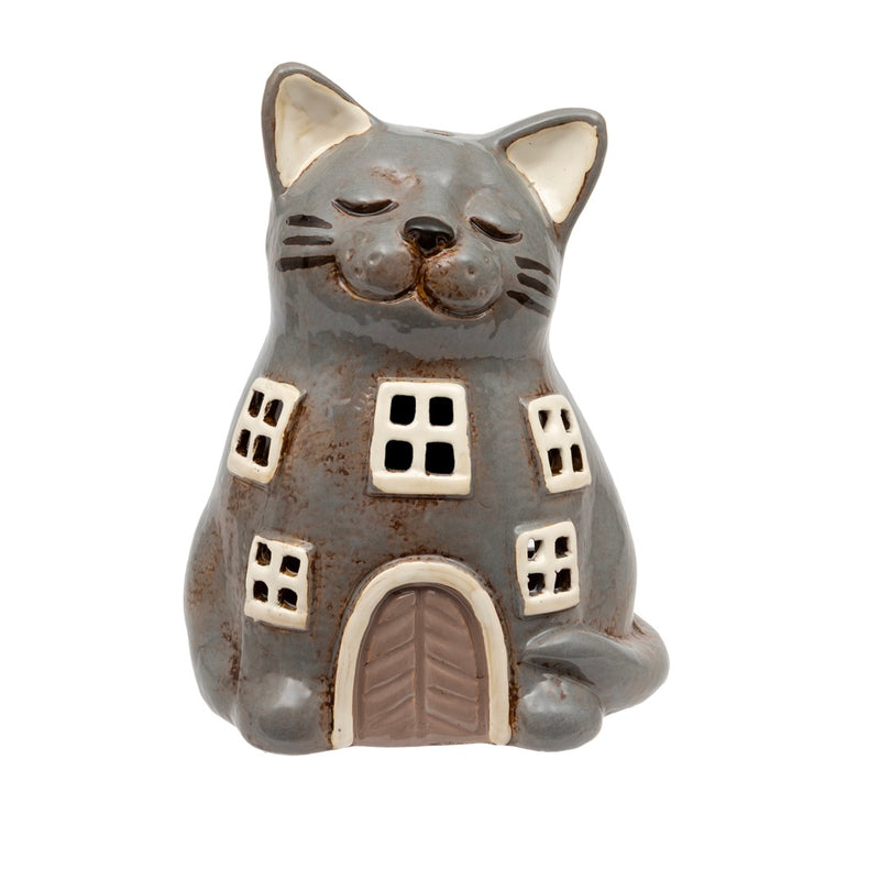 Ceramic cat house tealight holder with smiling cat face, arched door and cut-out windows