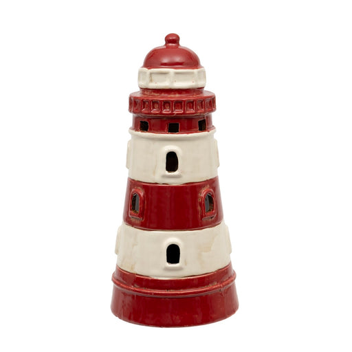 Ceramic lighthouse tealight holder with bold red and white banding and small windows