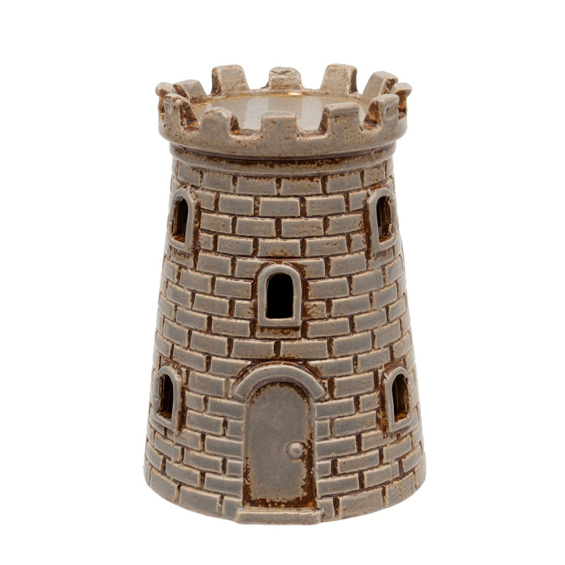 Castle turret ceramic tealight holder with detailed stonework, small arched windows and solid arched doorway