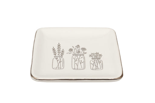 Botanical Jars Trinket Dish square ceramic dish with three line-drawn wildflower jar illustrations and silver-tone rim on white background