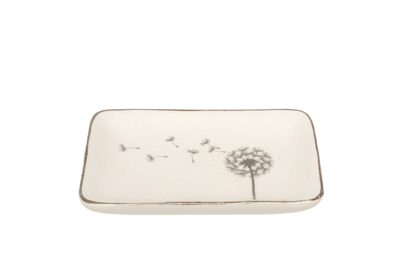 Dandelion Trinket Dish cream ceramic rectangular trinket dish with silver-tone rim and delicate dandelion clock design with seeds drifting across the surface on white background