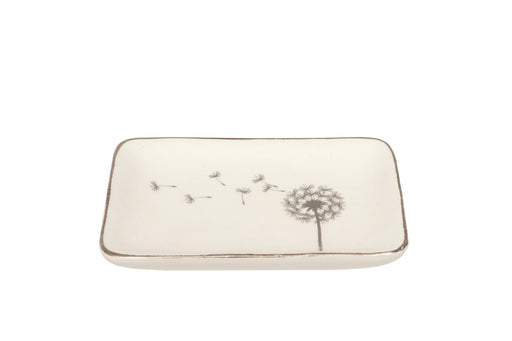 Dandelion Trinket Dish cream ceramic rectangular trinket dish with silver-tone rim and delicate dandelion clock design with seeds drifting across the surface on white background