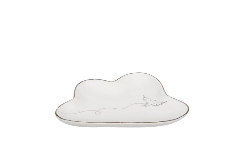 Cloud Shape Dove Trinket Dish ceramic dish with line-drawn dove in flight and silver-tone rim on white background