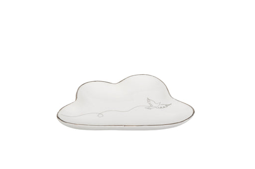 Cloud Shape Dove Trinket Dish ceramic dish with line-drawn dove in flight and silver-tone rim on white background