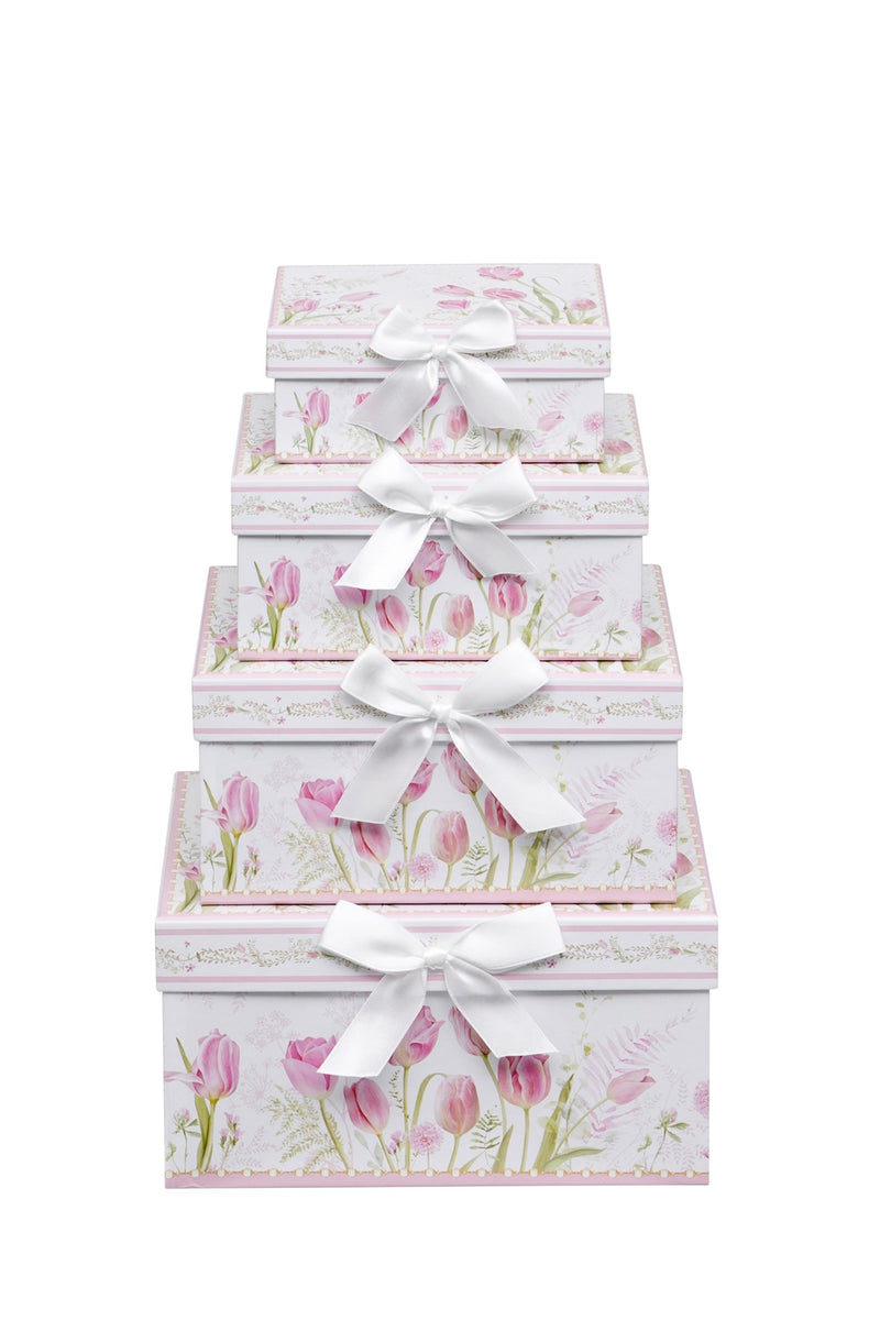 Tulip Nesting Gift Boxes Set of 4 rectangular decorative card boxes with tulip print and white ribbon bows stacked by size on white background
