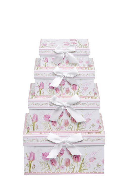 Tulip Nesting Gift Boxes Set of 4 rectangular decorative card boxes with tulip print and white ribbon bows stacked by size on white background