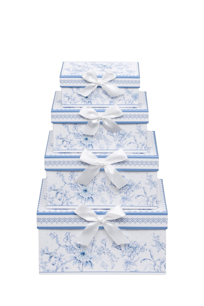 Floral Gift Boxes Set of 4 nesting decorative card boxes with delicate floral pattern and satin ribbon bows stacked by size on white background