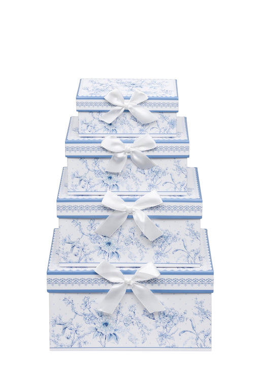 Floral Gift Boxes Set of 4 nesting decorative card boxes with delicate floral pattern and satin ribbon bows stacked by size on white background