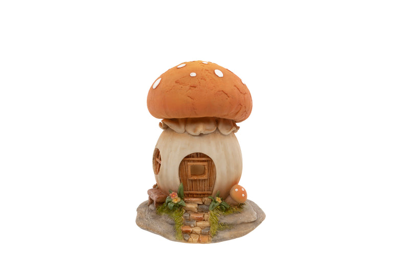 Toadstool House Ornament polyresin figurine with spotted toadstool cap roof wooden door round window stone steps and toadstools at the base on white background