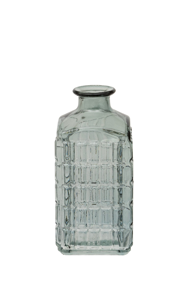 Lattice Glass Bottle Vase tall square-sided smoked glass bottle vase with all-over lattice raised pattern and narrow rolled neck on white background