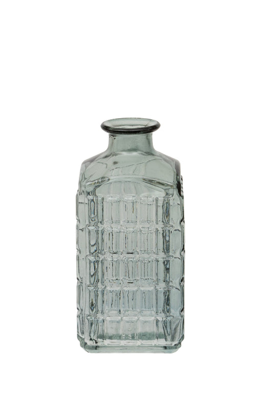 Lattice Glass Bottle Vase tall square-sided smoked glass bottle vase with all-over lattice raised pattern and narrow rolled neck on white background