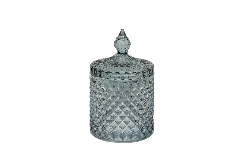 Diamond Cut Glass Lidded Jar smoked blue grey glass lidded jar with all-over diamond-cut pattern and domed lid with decorative finial on white background
